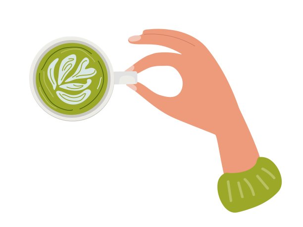 绿茶抹茶。人类和握杯的传统日本泡沫饮料。平面矢量插图孤立的白色背景，顶视图。横幅模板，海报为咖啡店，餐厅。图片下载