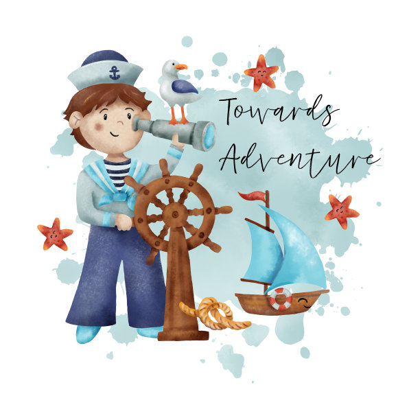 航海男孩有方向盘，望远镜和帆船。图片下载