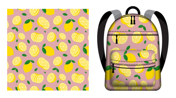 儿童学校双肩包装饰与整个柠檬与柑橘片无缝图案。柠檬，切碎的皮和叶子。矢量装饰设计的海报和纺织品印刷图片下载