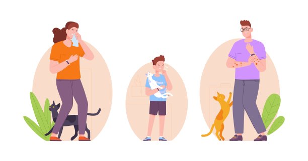 猫过敏。患病的女人和男人过敏症状鼻打喷嚏或呼吸道哮喘，季节性过敏生病的动物毛宠物，概念精彩的矢量插图图片下载