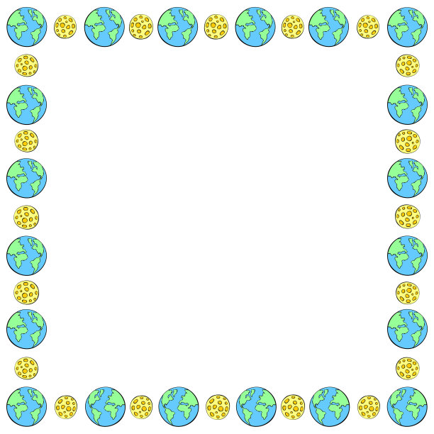 矢量方形框架，边界从地球和月球涂鸦扁平风格。明亮的背景，装饰以空间、地理、生态、儿童设计、和平为主题图片下载