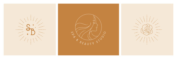 水疗和美容工作室的概念。矢量轮廓插图集。放荡不羁的风格。美丽的女孩档案，玫瑰花和文字在棕色和黄色的背景。为海报、卡片设计版式模板图片下载