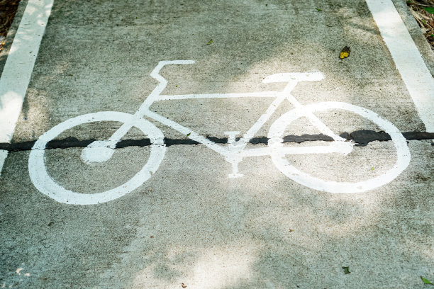 图片中有一个白色的标志，表明这条路是公园里的自行车道。图片下载