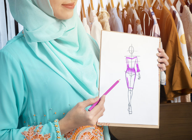 穆斯林亚洲女性服装设计师在工作场所绘制并展示草图。图片下载