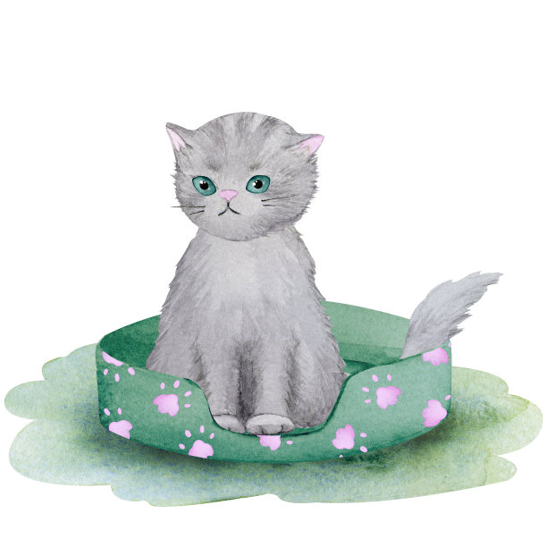 一只毛茸茸的小猫坐在沙发上。以宠物为主题的水彩画构图。图片下载