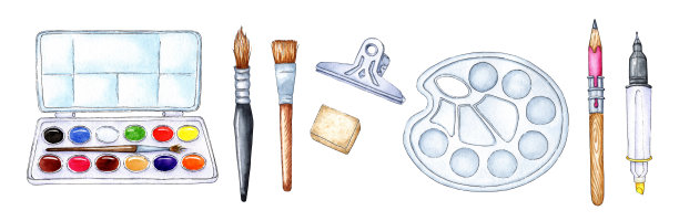 一套用于绘制水彩的文具图片下载