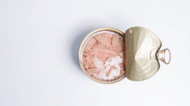 罐头食品俯视图照片，罐头与拉出环，金属包装。图片下载