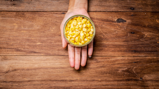 罐头食品俯视图照片，罐头与拉出环，金属包装。图片下载