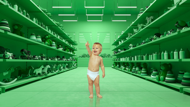 穿着尿布的快乐小男孩的肖像用手指着相机，在超市背景的3D模型上微笑。大销售季节，儿童用品和购物。图片下载