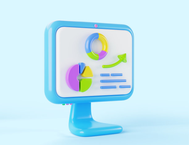 带有饼状图和增长图的计算机显示器图标。卡通三维渲染等距信息图表在pc屏幕上。财务成功，商业演示或股票市场预测图片下载