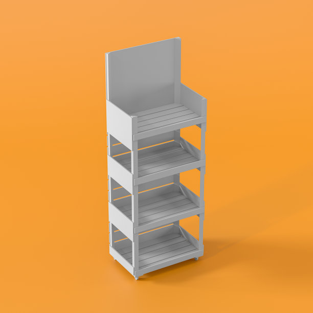 白色POS POI纸板地板展示架超市空白空显示与货架产品在橙色背景隔离。3d渲染图片下载
