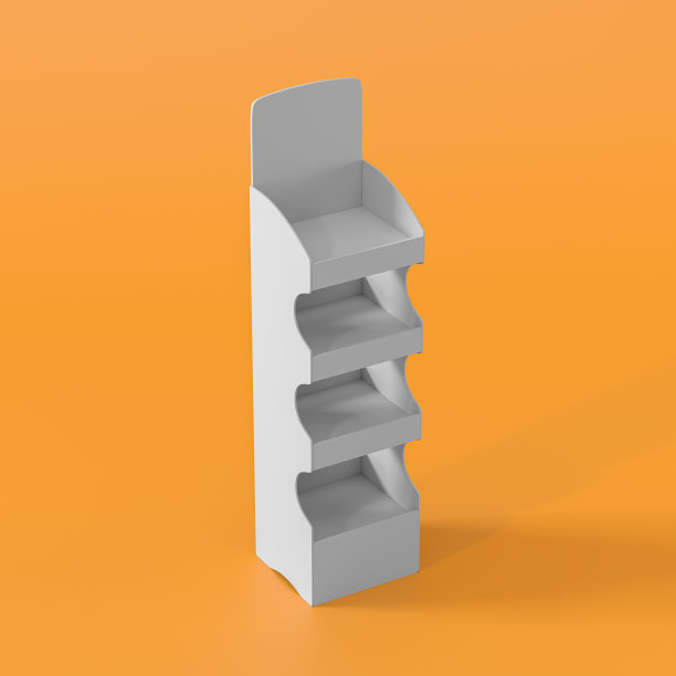 白色POS POI纸板地板展示架超市空白空显示与货架产品在橙色背景隔离。3d渲染图片下载