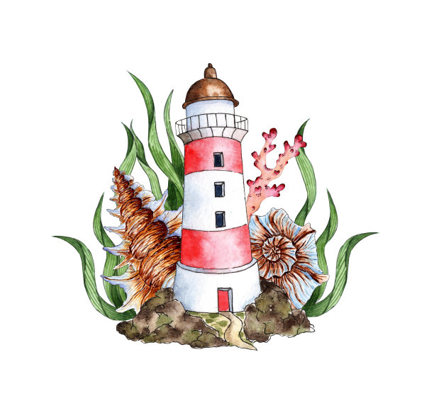 灯塔用贝壳和水藻彩绘图片下载