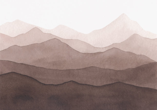 水彩画的风景与山的全景，在深棕色阴影。图片下载
