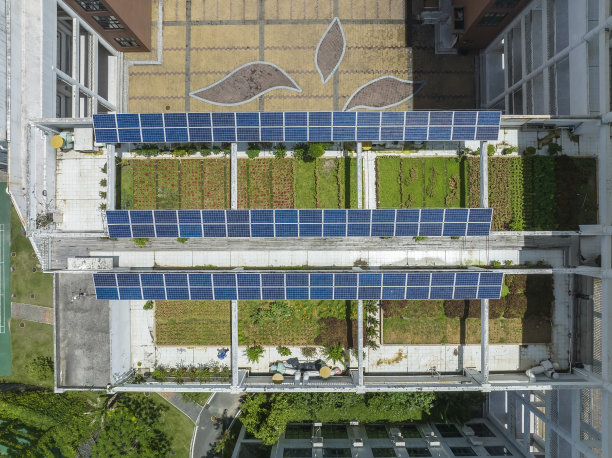 学校屋顶上的太阳能电池板。图片下载