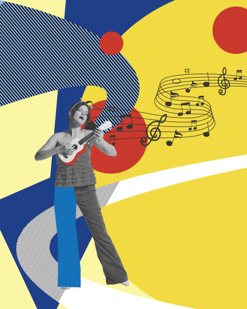 才华横溢的年轻女孩在五彩缤纷的抽象背景下弹奏着尤克里里琴和小吉他。当代艺术拼贴。图片下载