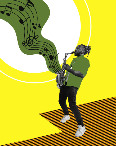 时尚的非洲男子表演，在多色抽象背景上演奏萨克斯。当代艺术拼贴。图片下载