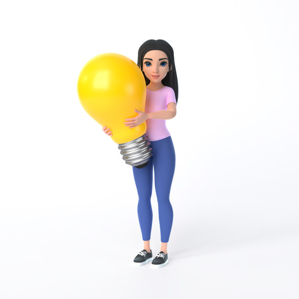 卡通风趣可爱的女孩穿着粉色t恤和牛仔裤，抱着一个巨大的白底灯泡图片下载