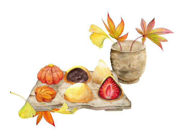 手绘水彩画的日本传统糖果。秋天用叶子和茶，抹茶。孤立在白色背景上。设计邀请，餐厅菜单，贺卡，印刷，纺织品图片下载