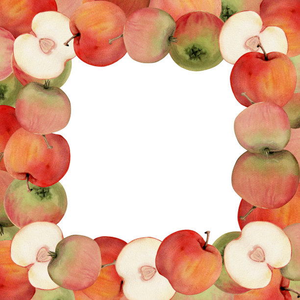 手绘水彩画苹果果实，成熟饱满而切片，红绿相间。方框构图。白色背景上孤立的物体。设计墙面艺术，婚礼，印花，织物，封面，卡片。图片下载