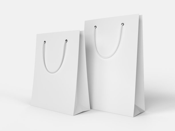 购物袋模型的品牌和企业形象设计。购物产品包装及绳柄为品牌及企业形象设计模板。三维渲染图片下载