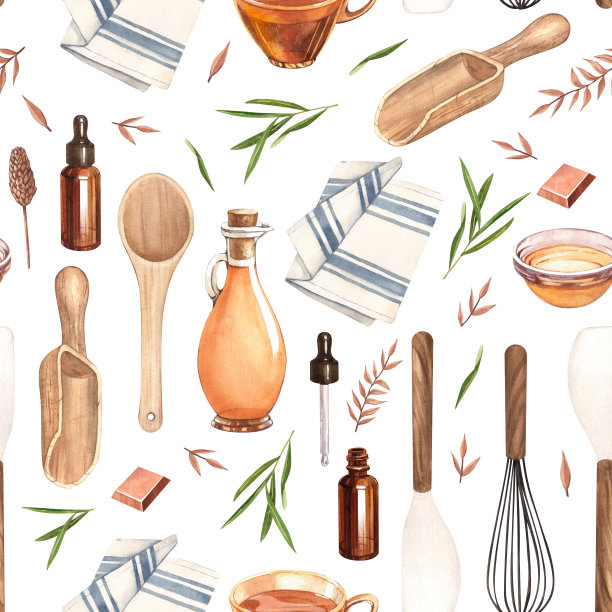 水彩无缝花纹厨具:勺子、环保茶具、木制工具，零浪费生活方式家居。白色背景插图。图片下载