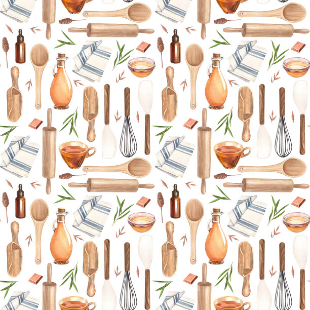 水彩无缝花纹炊具及厨房用具。白色背景插图。孤立在白色背景的咖啡馆，餐厅菜单元素。图片下载