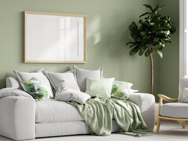 框架模型在舒适的客厅内部，海报模型，打印模型，画廊墙壁模型，3d渲染图片下载