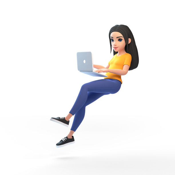 卡通风趣可爱的女孩穿着黄色t恤和牛仔裤，笔记本电脑在白色背景下以放松模式漂浮在空中图片下载