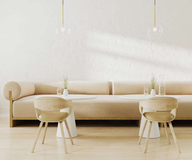 现代咖啡屋内饰为米色调，白色石墙、木地板、沙发和圆形咖啡桌。三维渲染图片下载