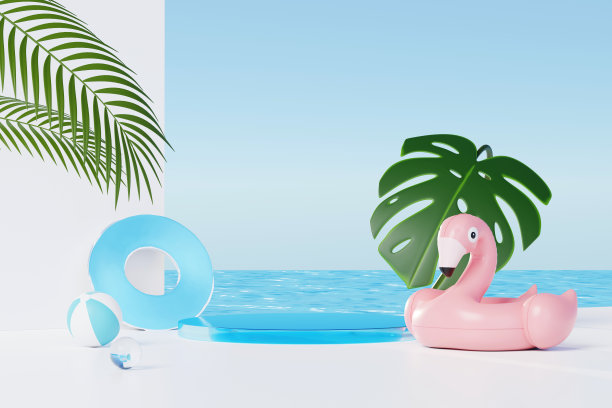 暑假抽象产品展示，极简现实展示讲台以蓝色海洋为背景概念，化妆品以热带夏日岛、雨伞、充气环为主。三维渲染图片下载