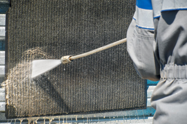 在压力下用水柱对地毯进行非接触洗涤。专业清洁服务，清洁纺织品表面。图片下载