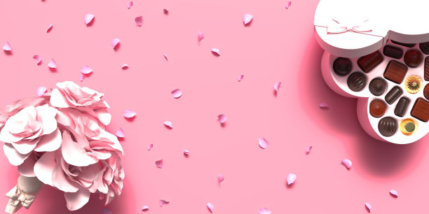 3D渲染的一盒巧克力和花束在粉红色的背景插图，与复制空间图片下载