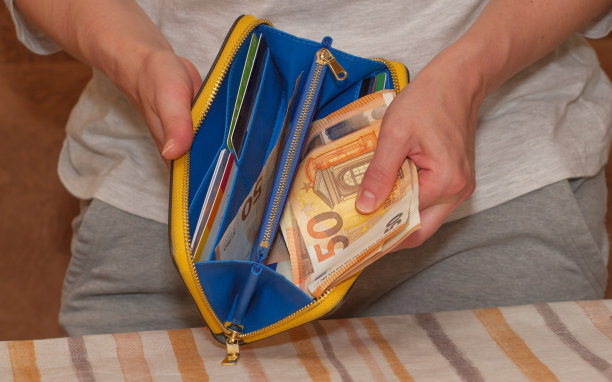 女人的手打开一个装有50欧元纸币和塑料卡的钱包。图片下载