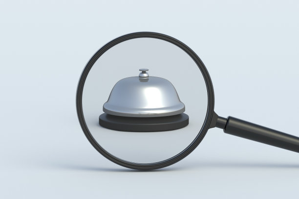 放大镜后面的酒店铃声。三维渲染图片下载
