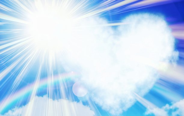 三维插图心形云漂浮在蓝天与美丽的自然景观概念图片下载