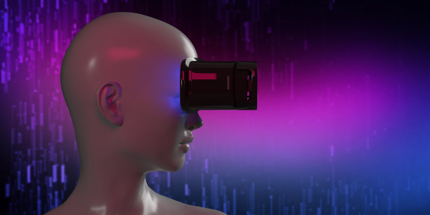 戴着VR眼镜的女网络模特，侧视图图片下载