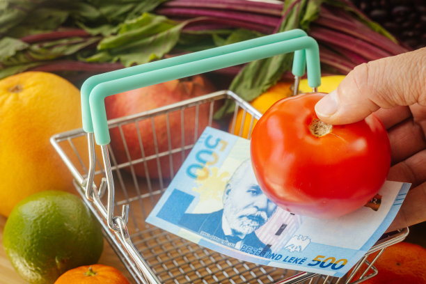 阿尔巴尼亚的食品、蔬菜和水果价格，金融概念，西红柿和阿尔巴尼亚货币一起放在篮子里图片下载