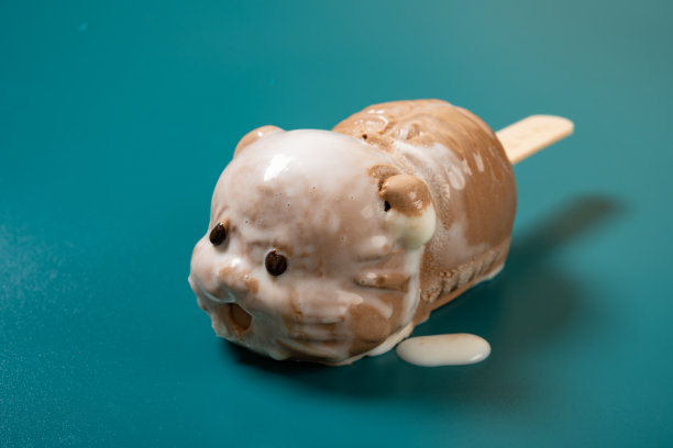 可爱的老虎形状冰棒开始融化在深绿色的背景图片下载