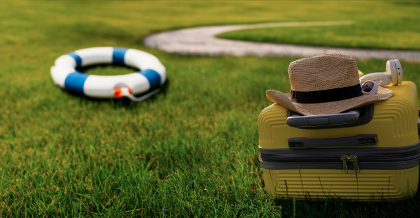 黄色的皮箱坐在绿色的草地上，一只皮箱以自然的草地为背景，去度假，去度周末，去海边度假图片下载