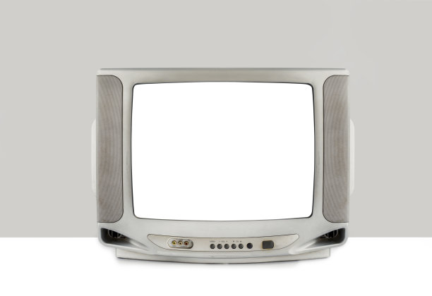 模拟旧电视与切割出的白色屏幕隔离在白色的桌子和灰色的背景，剪辑路径图片下载