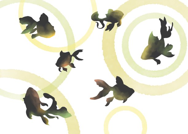 时尚的背景与金鱼和金色的涟漪。插图与水彩触摸。图片下载