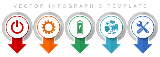 行业图标集，各种指针图标，如电源，齿轮，电池和工具的网页设计和移动应用程序，现代设计信息图矢量模板图片下载