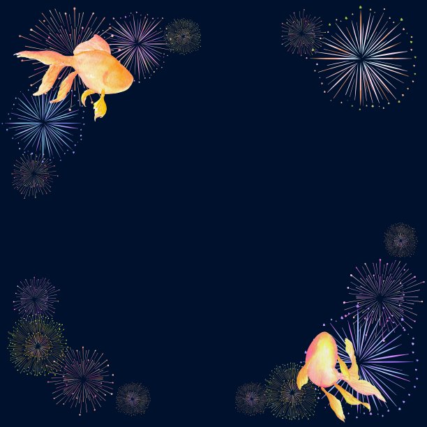 一个美丽的水彩框架与烟花和金鱼。图片下载