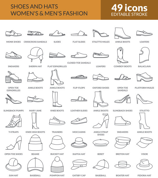 大集各种鞋帽线图标。图片下载