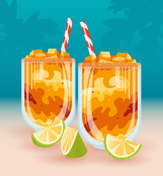 曼戈纳达，墨西哥芒果冰沙配辣酱。眼镜，酸橙，棕榈树。冰雪糕鸡尾酒。矢量彩色食物插图。夏季饮料。咖啡馆，餐厅，派对，菜单图片下载