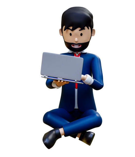 3D快乐的商人拿着笔记本电脑微笑着快乐的人拿着笔记本电脑。卡通商人工作和使用社交网络沟通。三维渲染图片下载