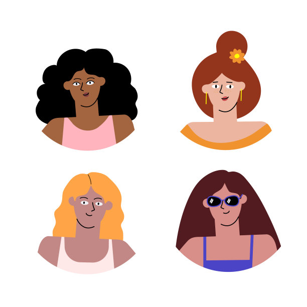 女孩们的脸定了。社交网络上的女性图标。不同的化身，不同的人。平面卡通风格，极简主义。图片下载