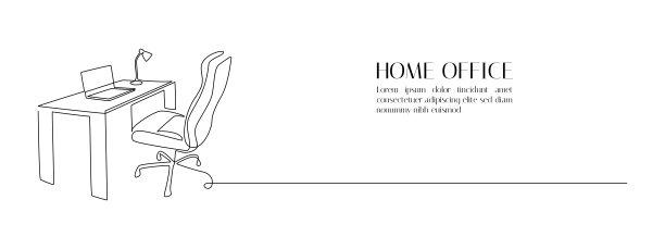 一幅连续的家庭办公室内部线条图。现代桌椅，笔记本电脑和台灯，简单的线性风格。远程工作概念，可编辑笔画。涂鸦矢量插图图片下载