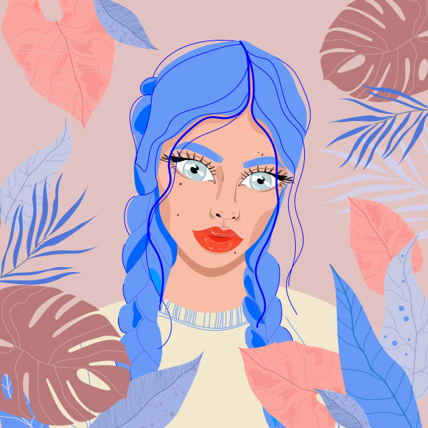 美丽性感的女孩，灰色的眼睛在树叶的背景下。浪漫时尚插画。图片下载